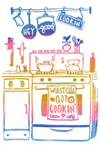 a block printed kitchen in blue, pink & gold with pots, pans, a stove & oven, scale, spices and more with a tea towel featuring the lyrics hey good lookin' whatcha got cookin?