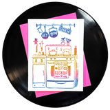 a block printed kitchen in a blue, pink & gold fade inspired by the song hey good lookin'.