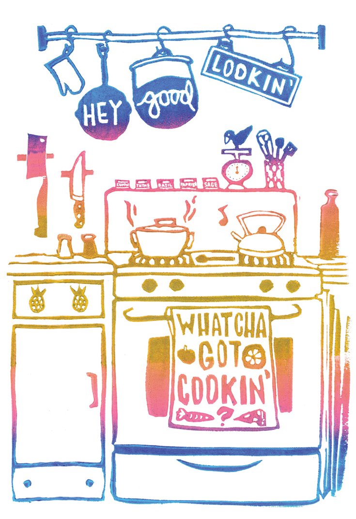 a block printed kitchen in blue, pink & gold with pots, pans, a stove & oven, scale, spices and more with a tea towel featuring the lyrics hey good lookin' whatcha got cookin?
