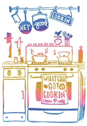 a block printed kitchen in blue, pink & gold with pots, pans, a stove & oven, scale, spices and more with a tea towel featuring the lyrics hey good lookin' whatcha got cookin?