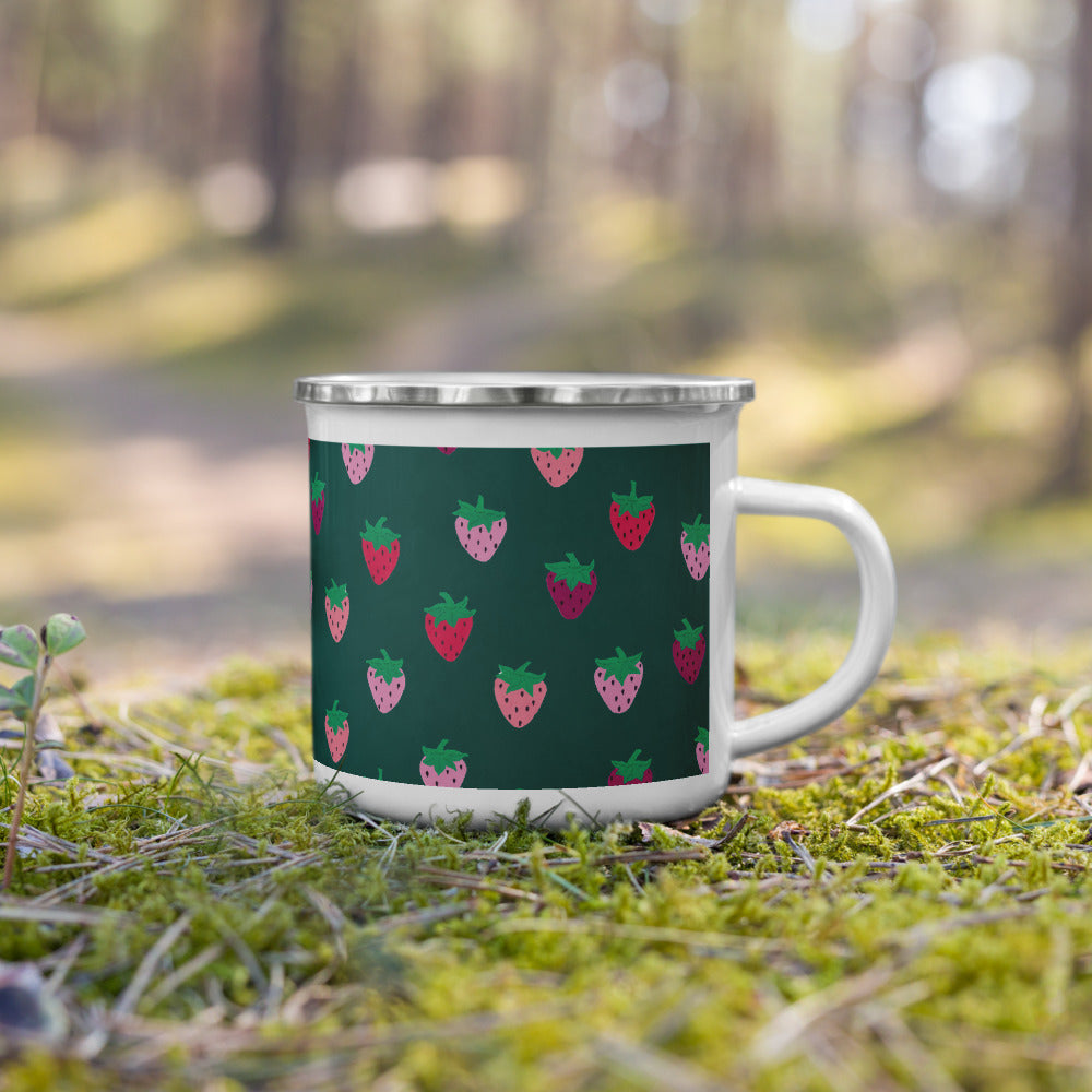 Green Strawberry Patch Enamel Camping Mug